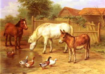 Edgar Hunt : Ponies Donky and Ducks In A Farmyard